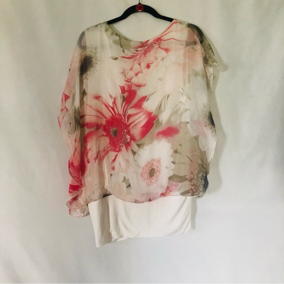 Silk Blouse Flower Print Pink White Size Large Butterfly Sleeve - Picture 2 of 10